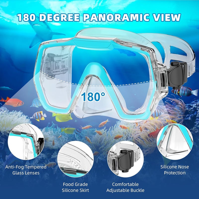 Honlanor Snorkel Set Adults Snorkeling Gear Anti-Leak and Anti-Fog Tempered Glass Lens Panoramic View Swim Mask Dry Top Snorkel Kit for Snorkeling Scuba Diving Swimming Travel with Carry Bag - Image 4